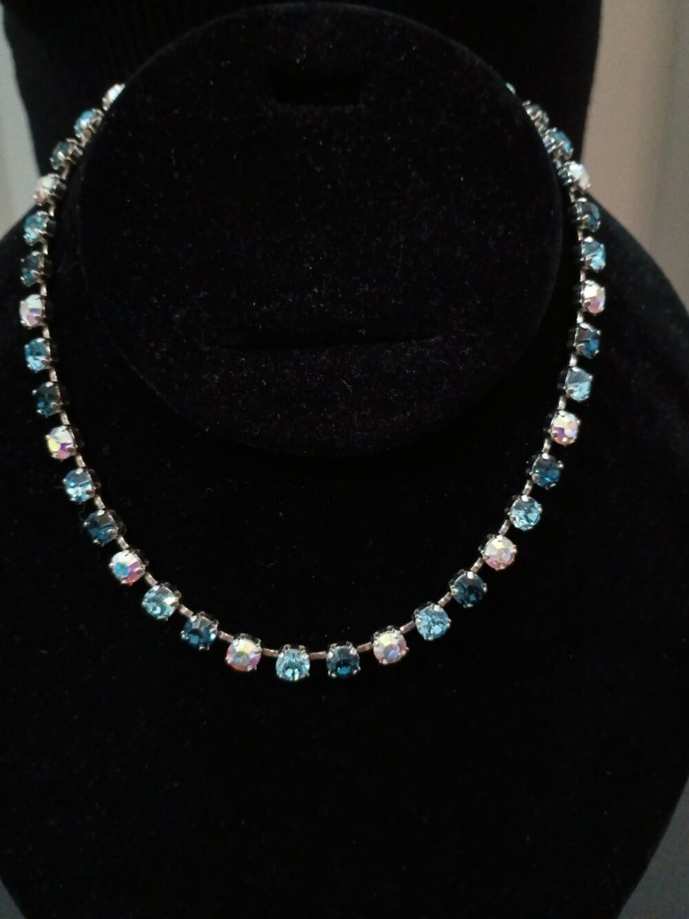 Blue Crystal Tennis Choker Necklace Silver Rhinestone Aurora Borealis 15"